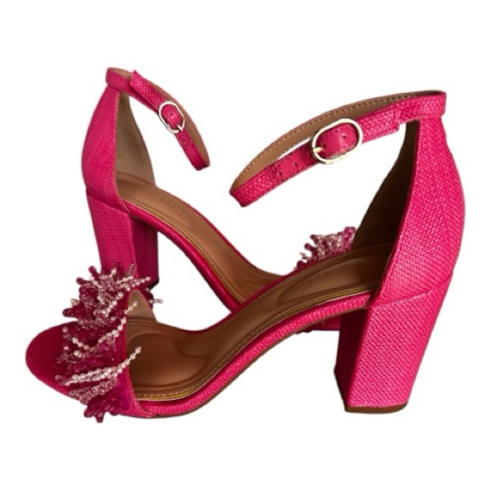 Kelly & Katie Hasana Fringed Chunky Block Heel Sandal Pink & White - Picture 2 of 7